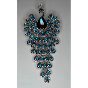 Sparkly Crystal Rhinestone Peacock Brooch Elegant Statement Pin Silver Tone 4"